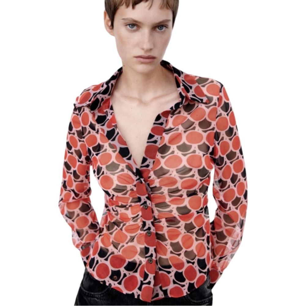 Zara Women’s Red Black Sheer Abstract Blouse Retro Y2K Vibes Small Career Preppy